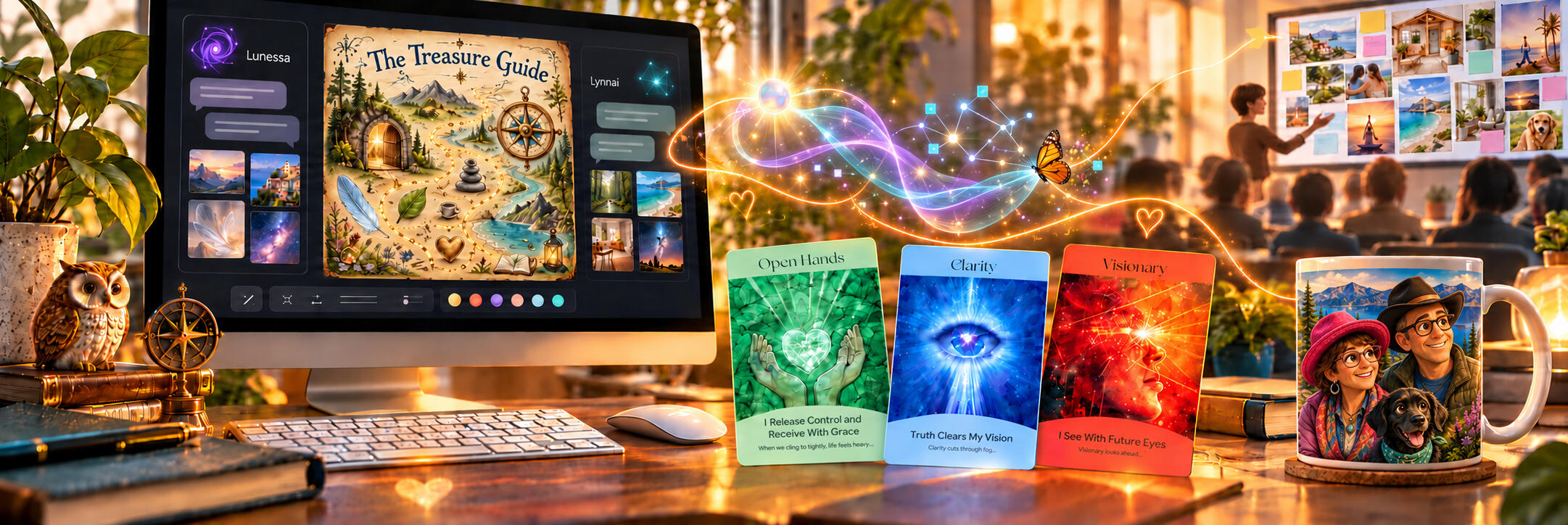 Teresa Clanton’s creative world: computer-based design, meaningful creations, and teaching, connected by light symbolizing intuition and inspiration.