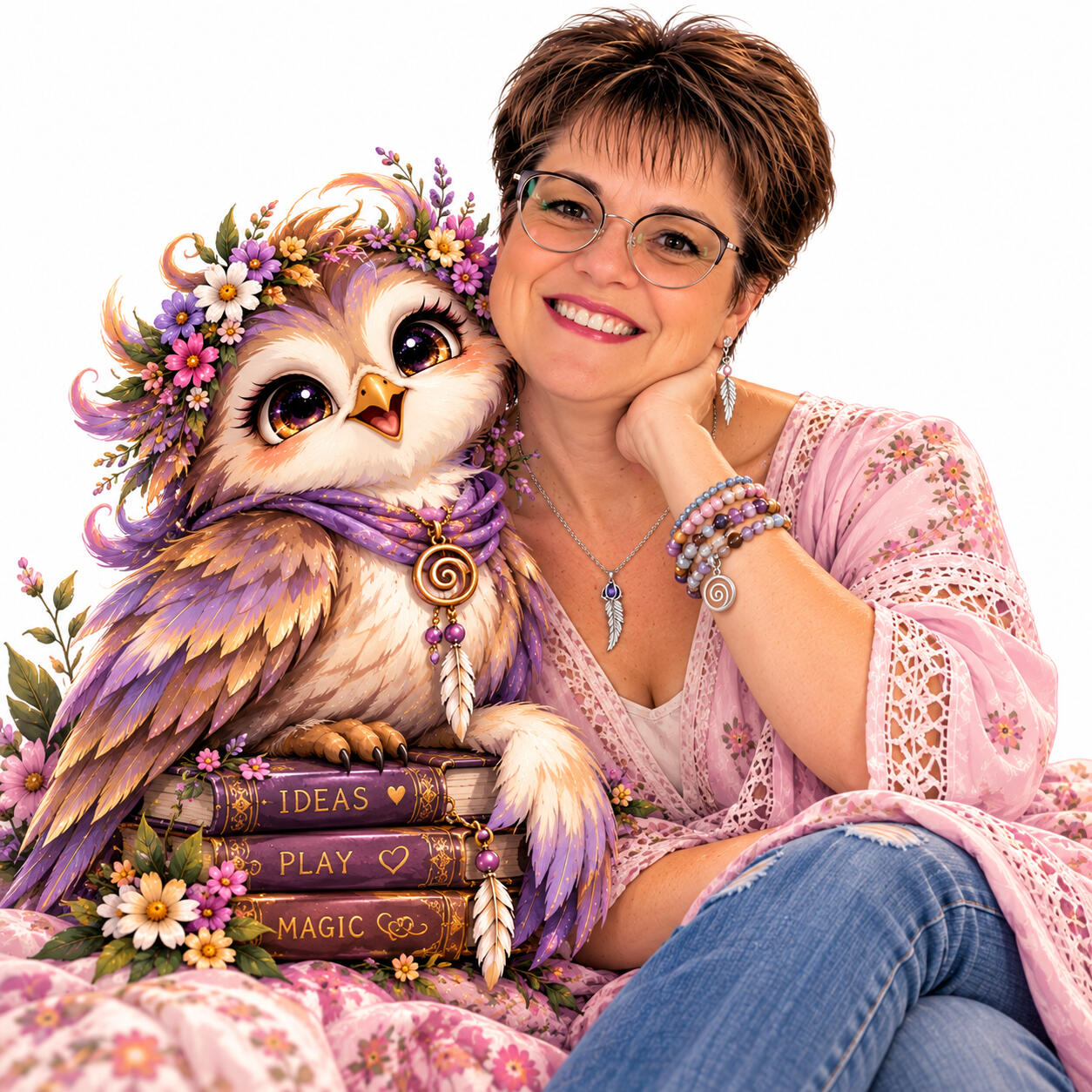 “AI-created portrait of Teresa Clanton beside a whimsical purple owl perched on books labeled Ideas, Play, and Magic.”