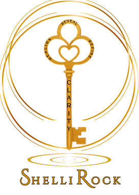 Shelli Rock’s gold key graphic with a heart-shaped bow, the words Reveal, Refine, Realign, and Clarity, surrounded by flowing gold circles.